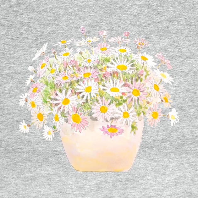 white and pink daisies in pot watercolor by colorandcolor